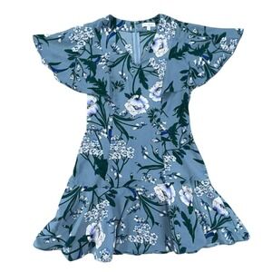 Love Bonito Blue Floral Flutter‎ Sleeve V Neck Ruffle Hem Mini Dress